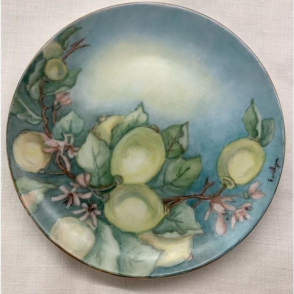 Handpainted Porcelain Plate/ Lemons & Flowers, vintage - Picture 1 of 8
